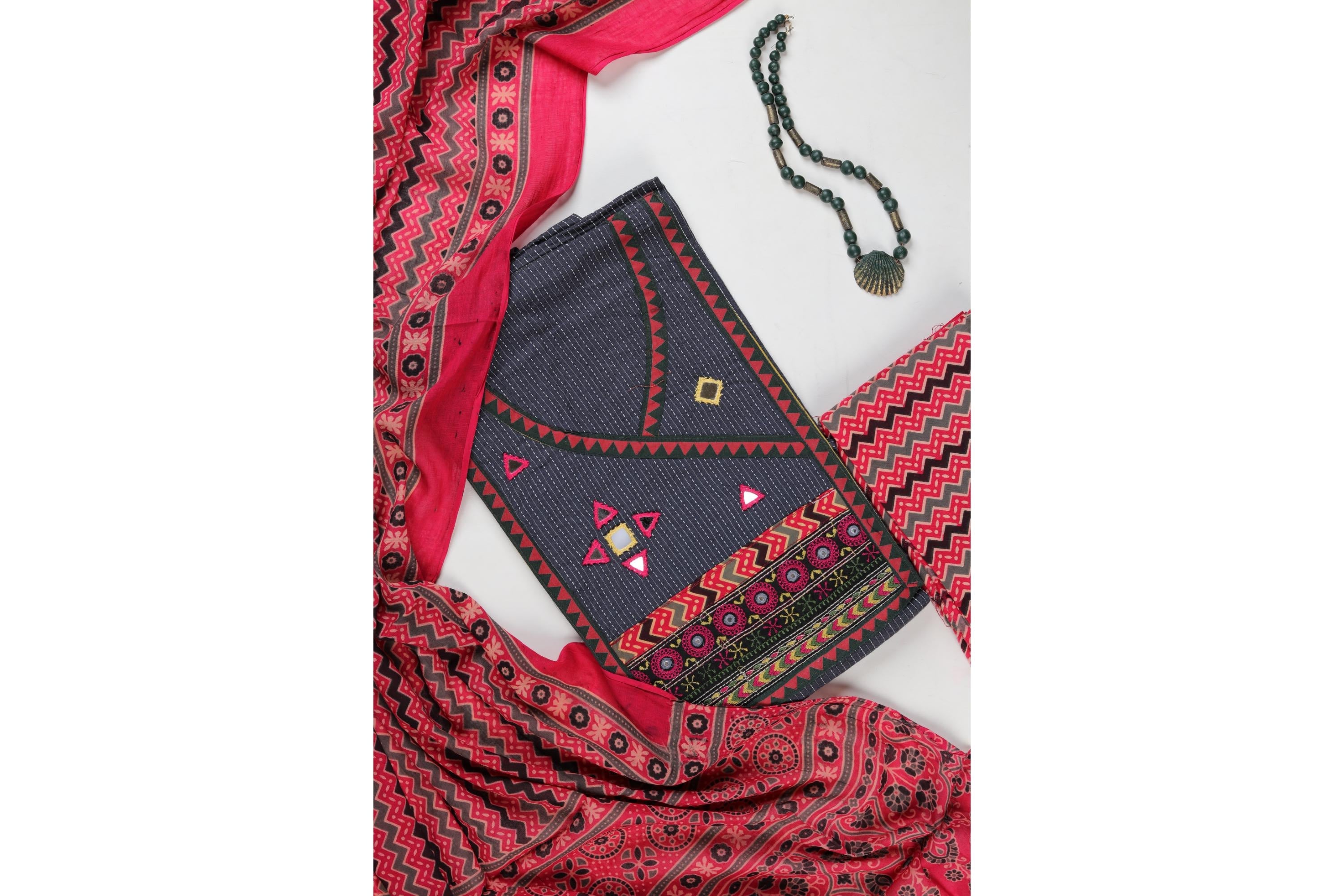 Elegant Cotton Kantha Work Suit with Printed Dupatta-2