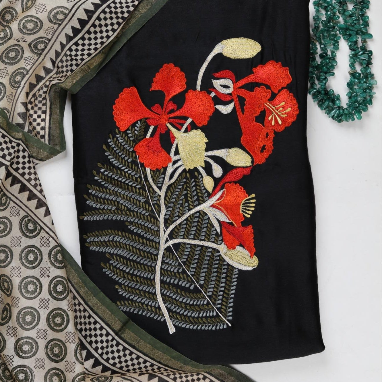 CHANDERI EMBROIDERED SET WITH PRINTED CHANDERI DUPATTA-8