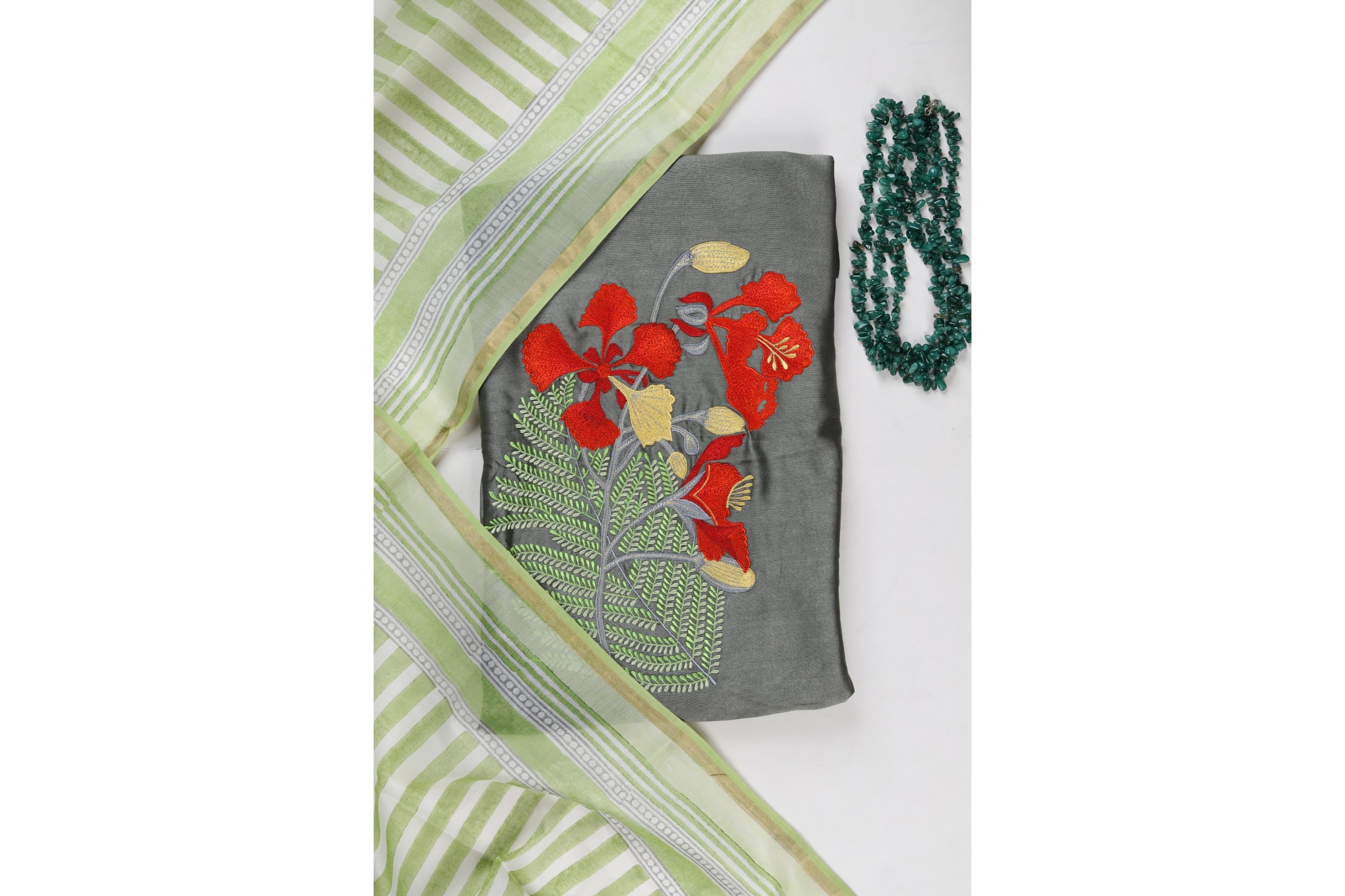 CHANDERI EMBROIDERED SET WITH PRINTED CHANDERI DUPATTA-7