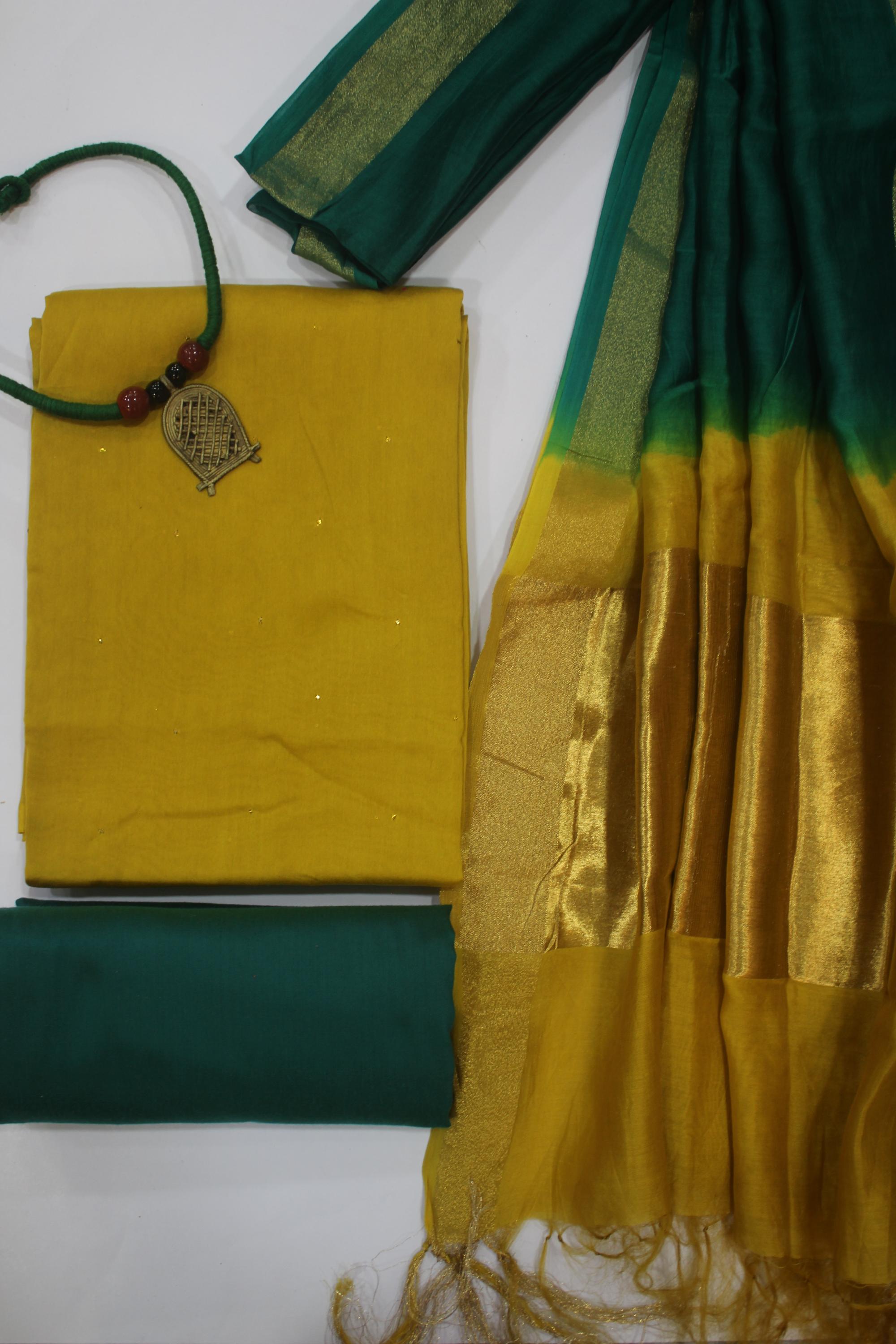 Chanderi Silk 3 Piece Unstitched Set -136