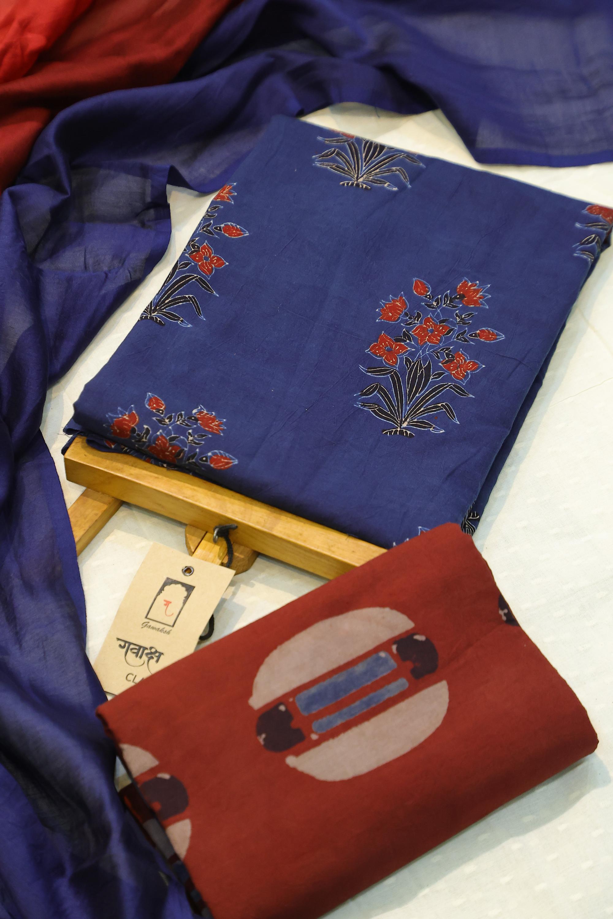Ajrakh Cotton 3 Piece Unstitched Set -002