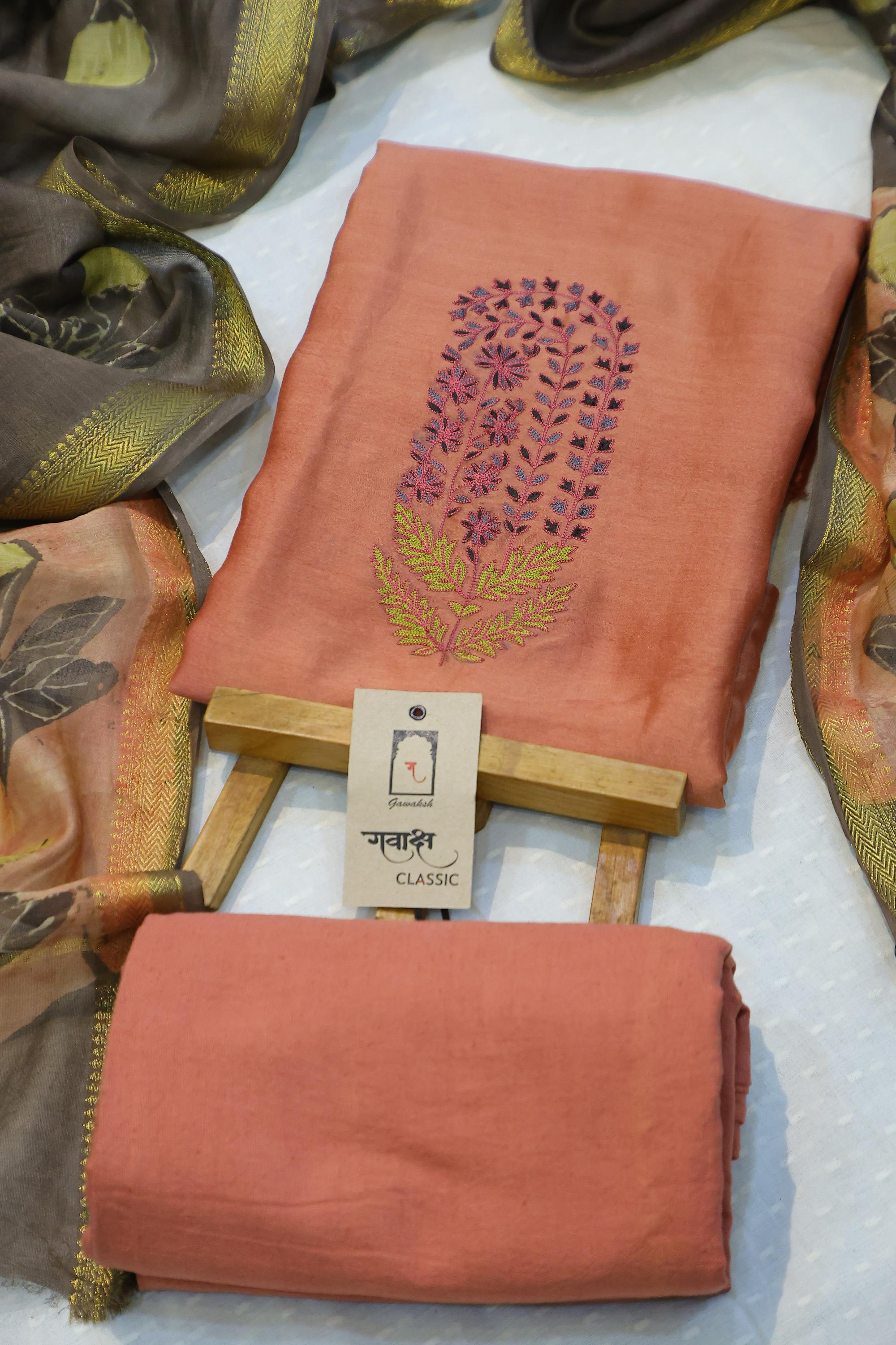 Chanderi 3 Piece Unstitched Set -001