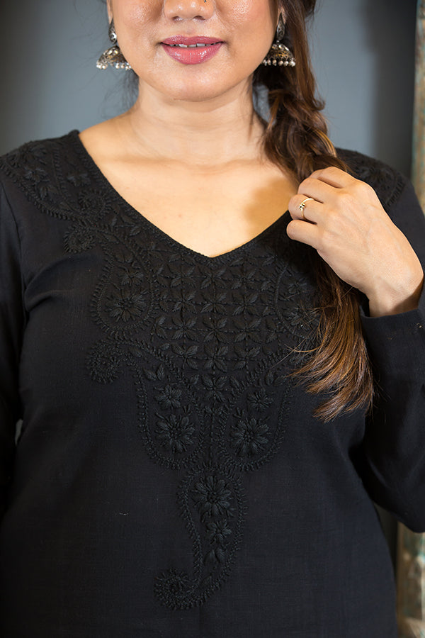 Classic Black Cotton with Lakhnavi Embroidery