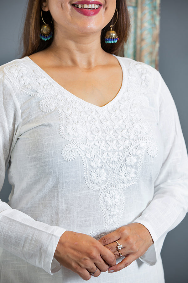 Classic White Cotton with Lakhnavi Embroidery