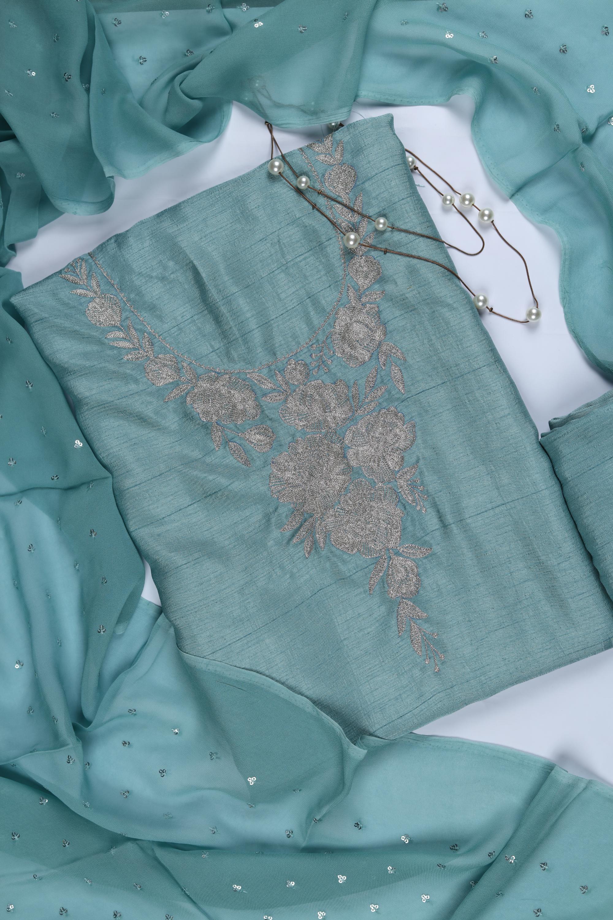 Embroidered Naysa Silk 3 Piece Unstitched Set - Traditional Ethnic Wear