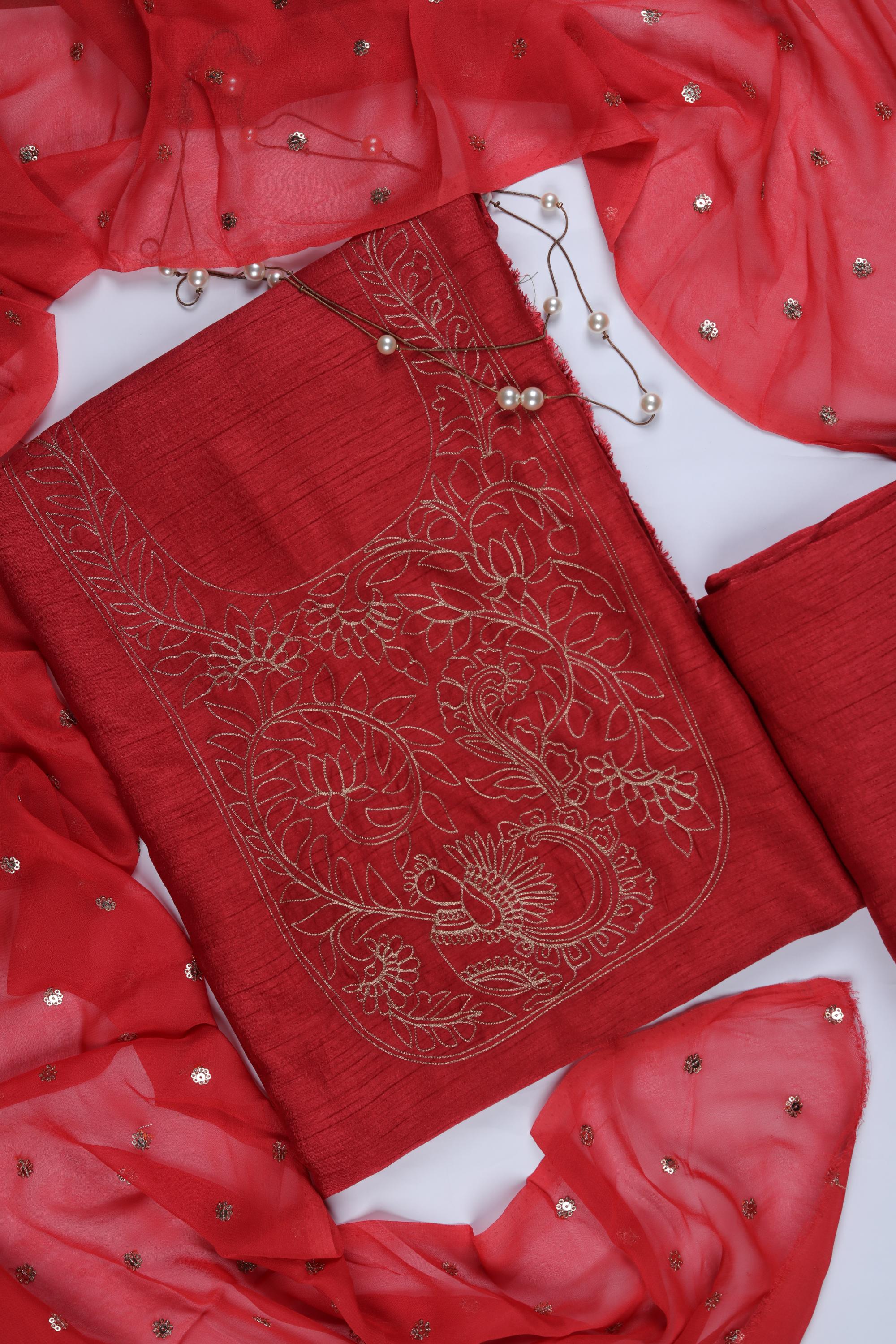 Embroidered Naysa Silk 3 Piece Unstitched Set - Traditional Ethnic Wear
