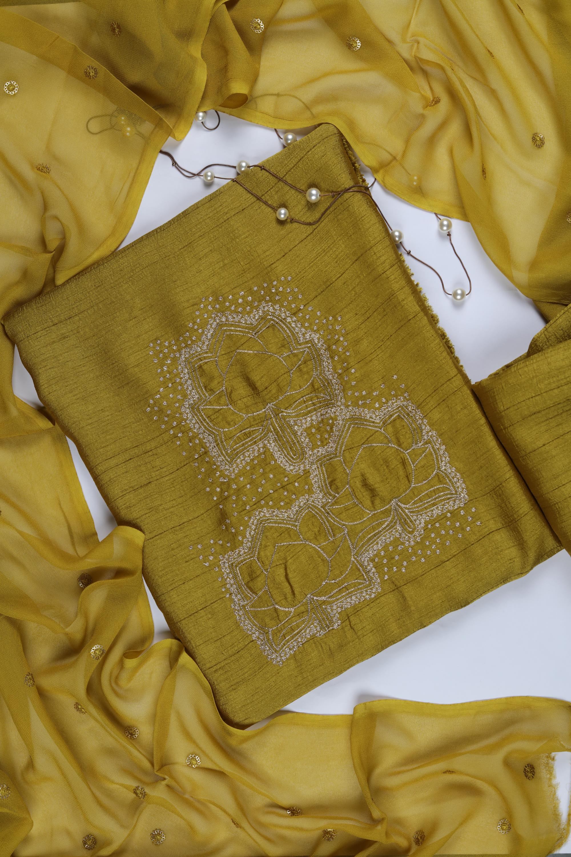 Embroidered Naysa Silk 3 Piece Unstitched Set - Traditional Ethnic Wear